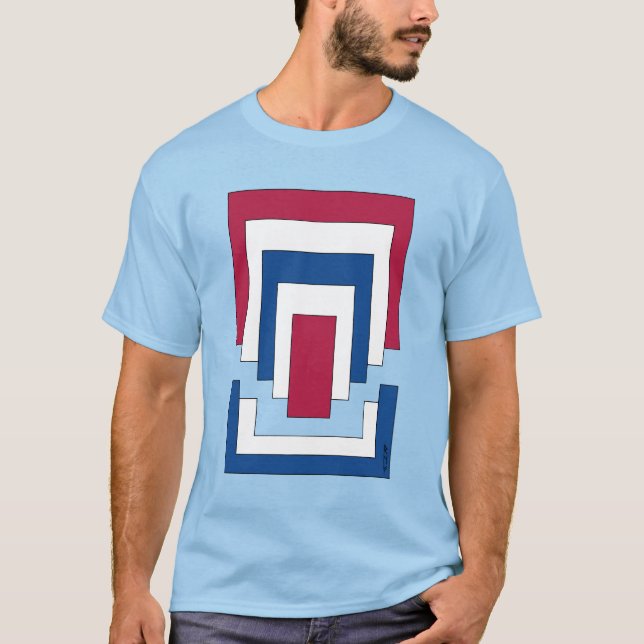 T-shirt Rectangle Abstrait en Rouge, Blanc et Bleu  (Devant)