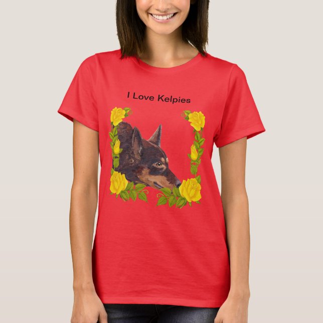 T-shirt Red Australian Kelpie on Yellow Roses (Devant)