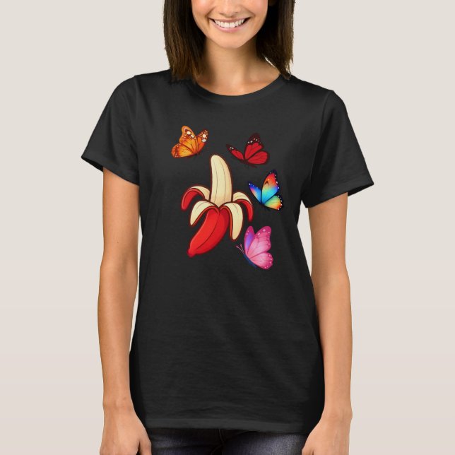 T-shirt Red Banana Surrounded by Colorful Butterflies (Devant)