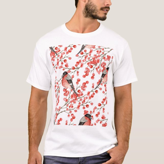 T-shirt Red Berries Bullfinches Motif aquarelle (Devant)