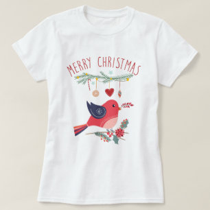 T-shirt Red Bird & Wreath Scandinave Christmas Folk Art