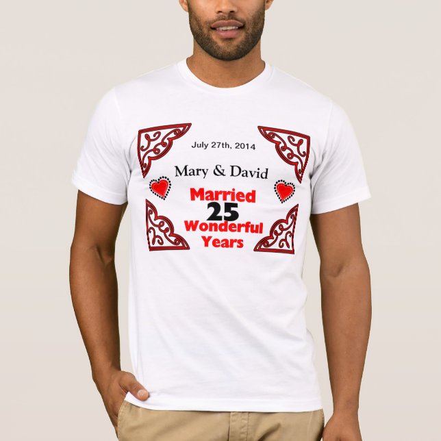 T-shirt Red Black Hearts Noms et Date 25 Anniversaire (Devant)