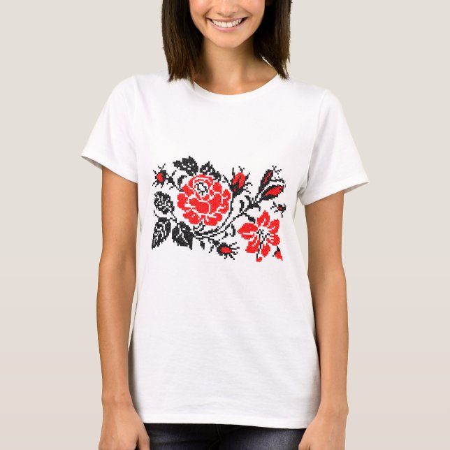 T-shirt Red & Black Rose cross-stitch Russian Pattern (Devant)