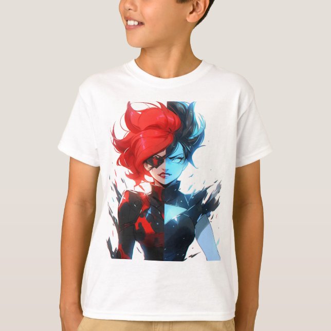 T-shirt Red Blue Fire Ice Comic Style Anime Girl (Devant)