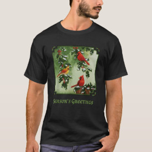 T-shirt Red Cardinal Birds Christmas Holly Berries Feuille
