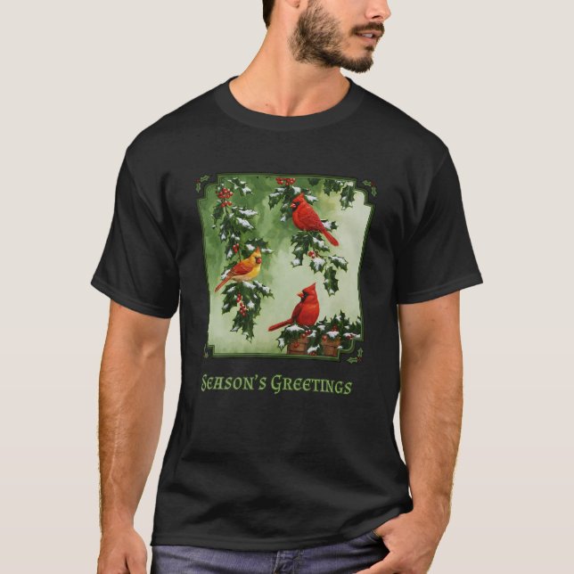 T-shirt Red Cardinal Birds Christmas Holly Berries Feuille (Devant)