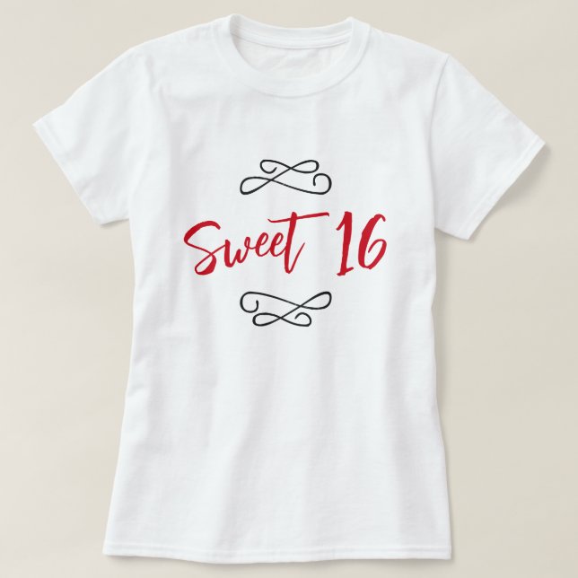 T-shirt Red Chic Doodle Modern Script Sweet 16 (Design devant)