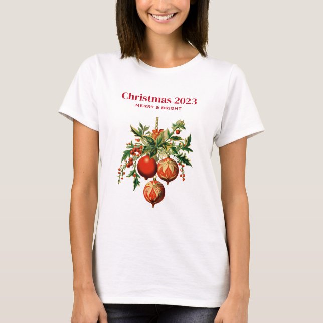 T-shirt Red Christmas Baubles avec Holly Festive (Devant)