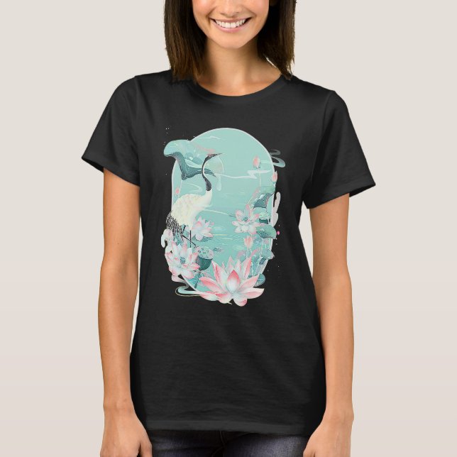 T-shirt Red Crowned Crane Bird Water Lily Lotus Flower Chi (Devant)
