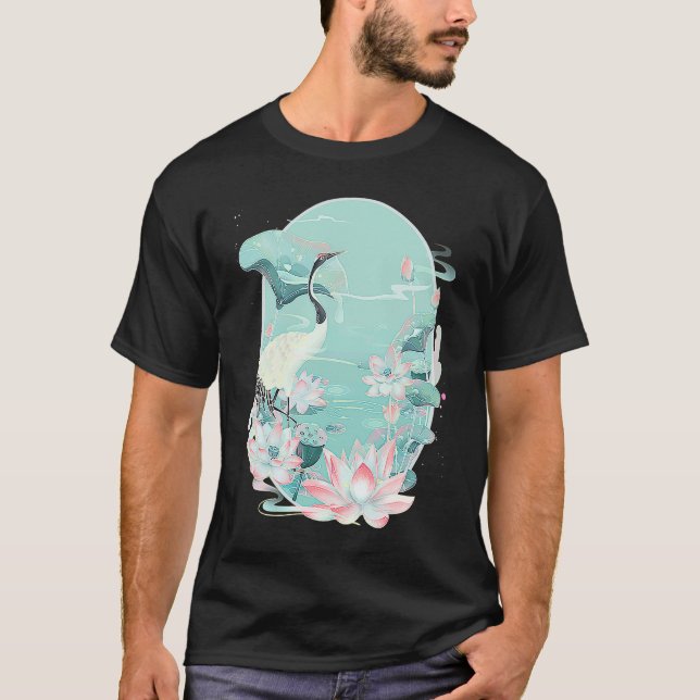 T-shirt Red Crowned Crane Bird Water Lily Lotus Flower Chi (Devant)