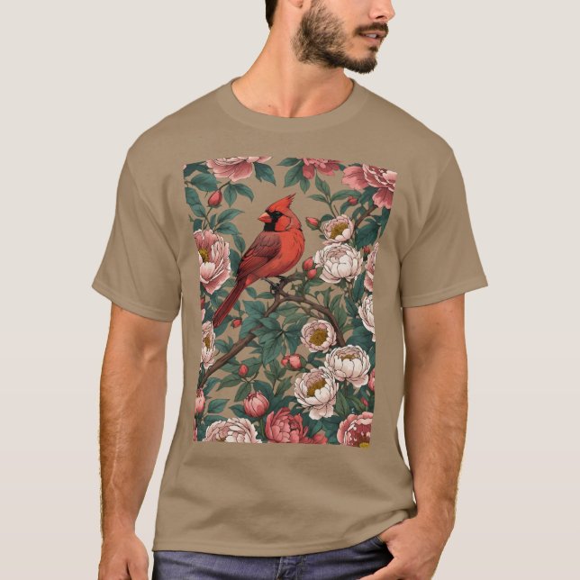 T-shirt Red dinal Bird and Peony Flowers (Devant)