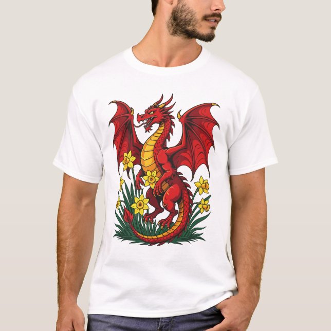 T-shirt Red Dragon Stood Amongst Daffodils (Devant)