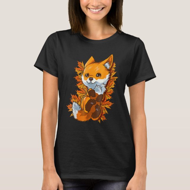 T-shirt Red Forest Fox Bébé animal automne Feuilles d'auto (Devant)