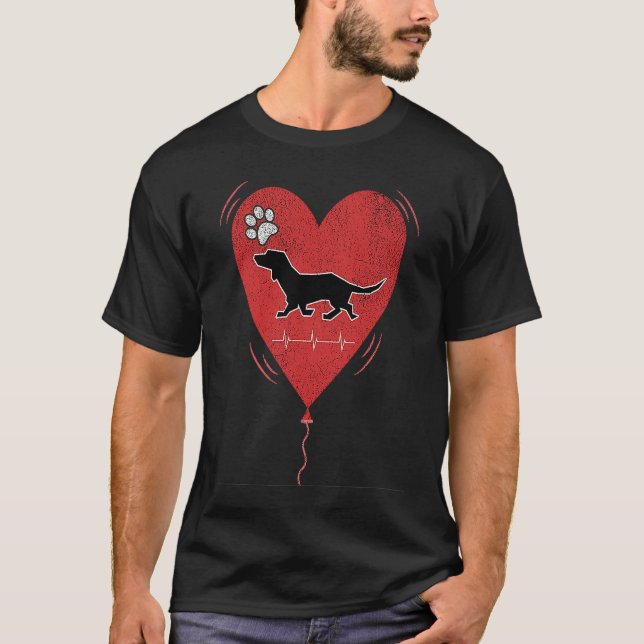 T-shirt Red Grunge Heart Dachshund Heartbeat Valentine Bal (Devant)