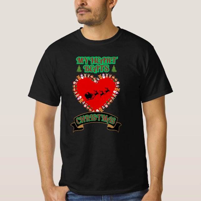 T-shirt Red Heart Père Noël Sleigh Reindeer Noël (Devant)