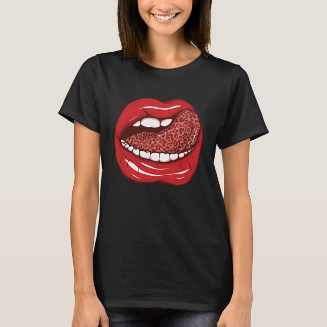 T-shirt Red lips and leopard print tongue Female Beautiful (Devant)