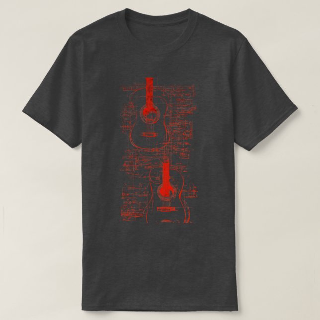 T-shirt Red Neon Acoustic Guitar Da Vinci (Design devant)