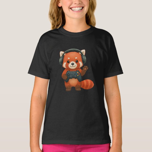 T-shirt Red Panda Gamer, contrôleur de jeu et casques (Devant)