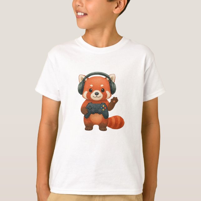 T-shirt Red Panda Gamer, contrôleur de jeu et casques (Devant)