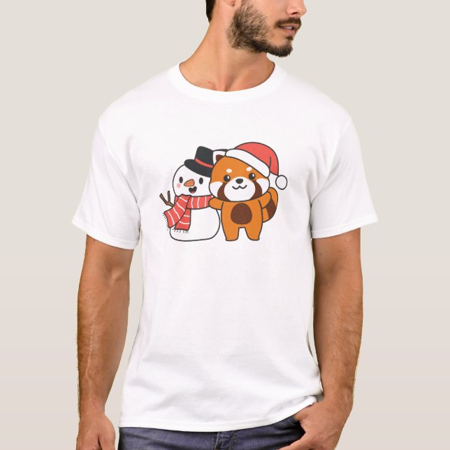 T-shirt Red Panda With Snowman In Winter For Christmas (Devant)