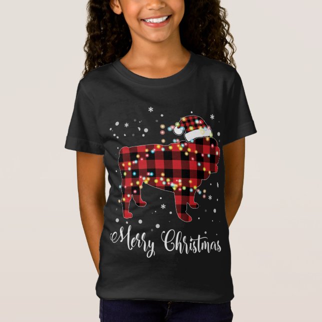 T-Shirt Red Plaid Buffalo Anglais Buldog Joyeux Noël (Devant)