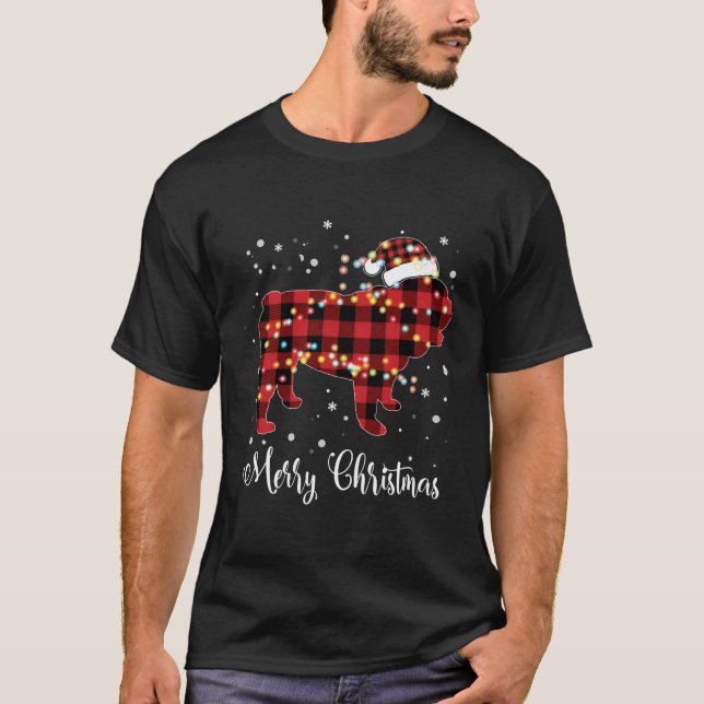 T-shirt Red Plaid Buffalo Anglais Buldog Joyeux Noël (Devant)