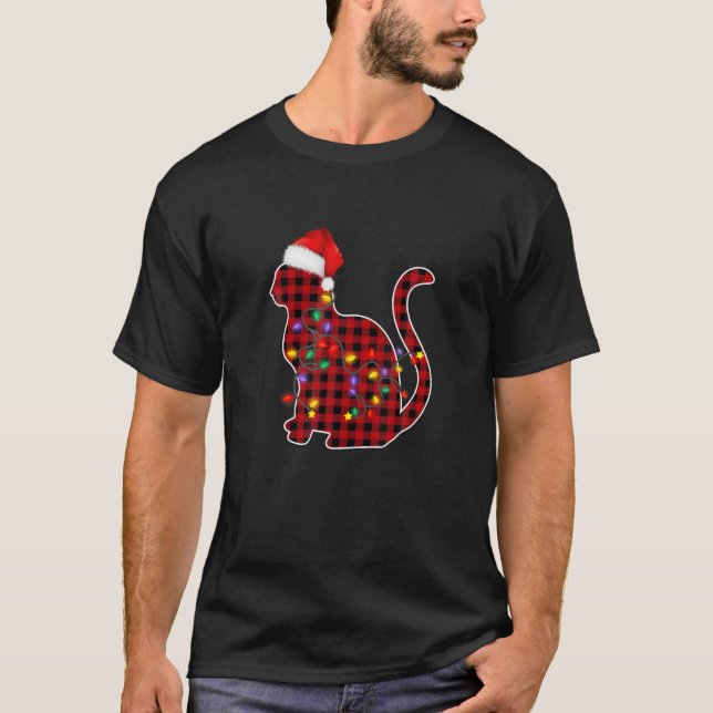 T-shirt Red Plaid Chat Santa Hat Noël Pyjama Famille X (Devant)