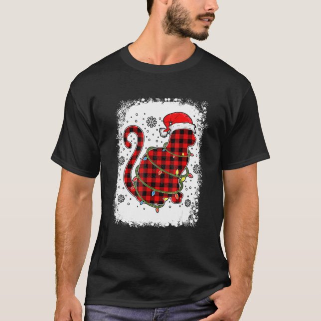 T-shirt Red Plaid Chat Santa Hat Noël Pyjama Famille X (Devant)