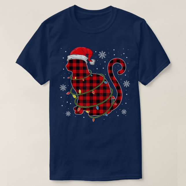 T-shirt Red Plaid Chat Santa Hat Noël Pyjama Famille X (Design devant)