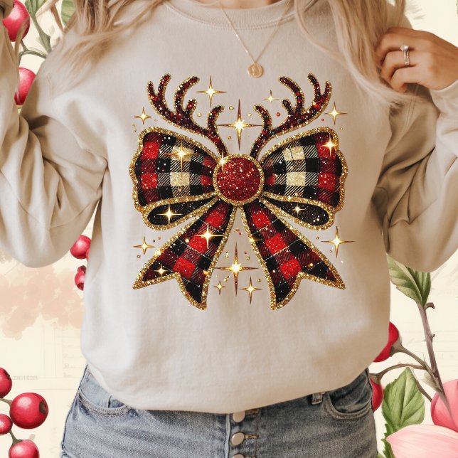 T-shirt Red Plaid Christmas Reindeer Bow-Coquette Bow (Créateur téléchargé)