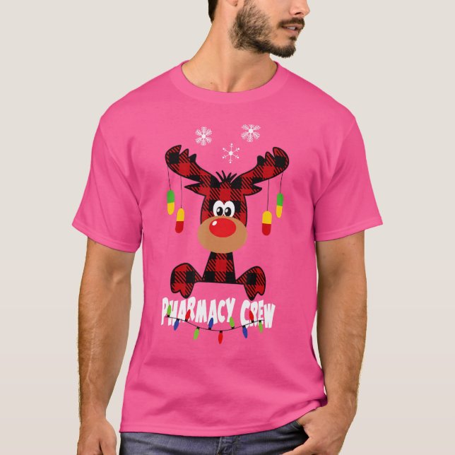 T-shirt Red Plaid Reindeer Pharmacy Crew Noël (Devant)