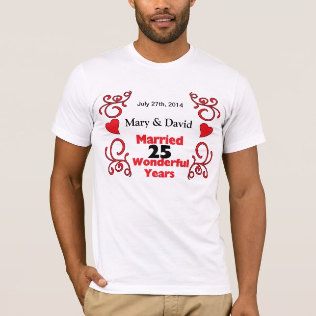 T-shirt Red Scroll & Hearts Noms et Date 25 Anniversaire (Devant)