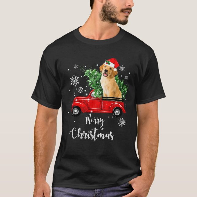 T-shirt Red Truck Merry Christmas Tree Golden Retriever Ch (Devant)