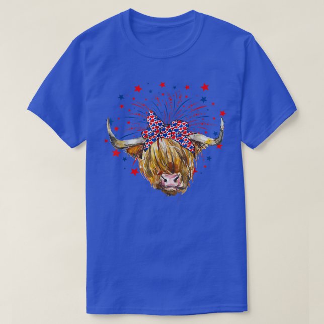 T-shirt Red White Blue Highland Cow Patriot farmer USA 4th (Design devant)