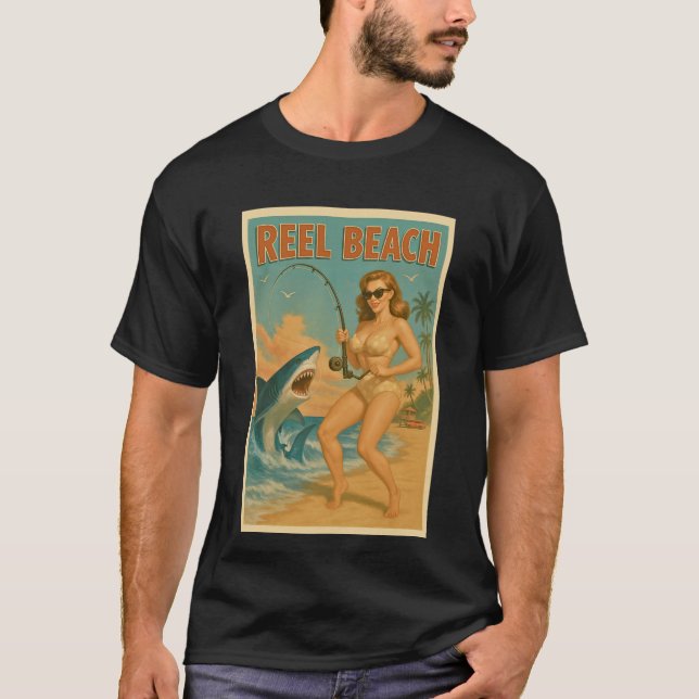 T-shirt Reel Beach Shark Fishing Pin-Up Retro Coastal Life (Devant)