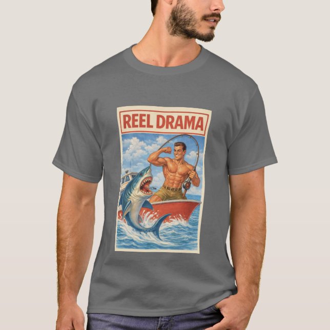 T-shirt Reel Drama Shark Fisherman | Funny Retro Boating (Devant)