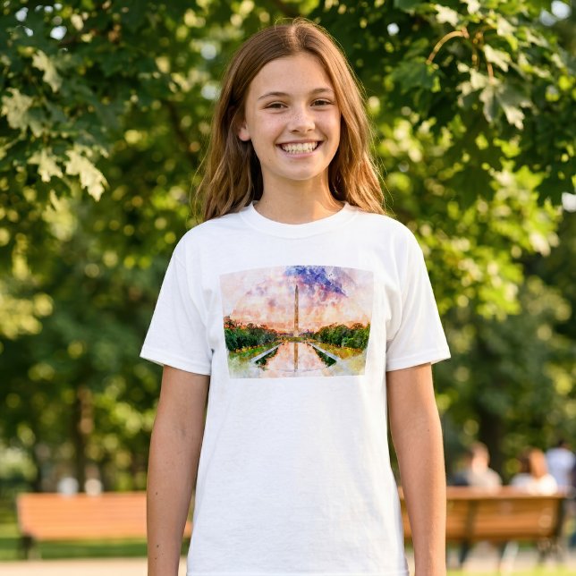 T-shirt Reflet du coucher de soleil aquarelle du Monument  (Washington Monument Watercolor Sunset Reflection. Girl Basic White T-Shirt)
