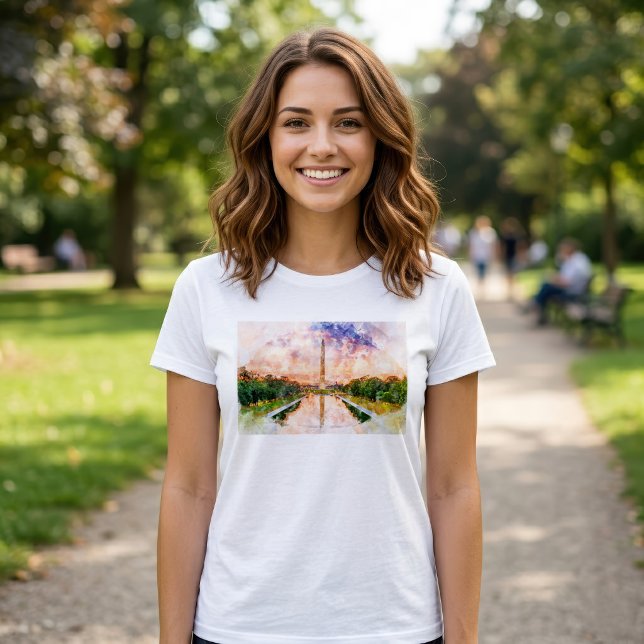 T-shirt Reflet du coucher de soleil aquarelle du Monument  (Washington Monument Watercolor Sunset Reflection. Women Basic White T-Shirt)