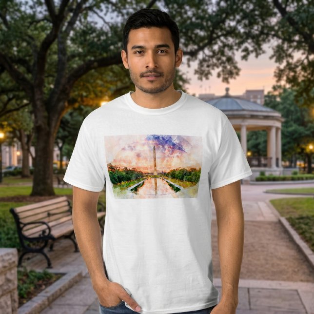 T-shirt Reflet du coucher de soleil aquarelle du Monument  (Washington Monument Watercolor Sunset Reflection. Men Basic White T-Shirt)