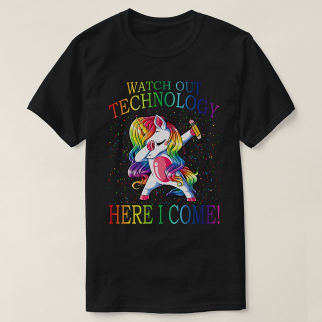 T-shirt Regardez la technologie ici je viens Unicorn retou (Design devant)