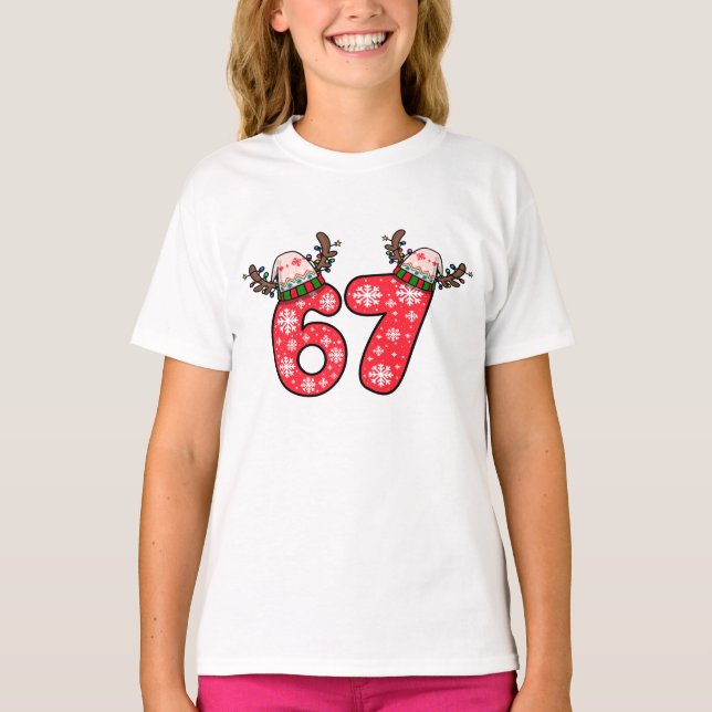 T-shirt Reindeer 6 7 Santa Hat Christmas  (Devant)