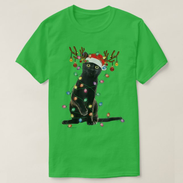 T-shirt Reindeer Chat Noir Feux de Noël Drôle Chat Amour (Design devant)