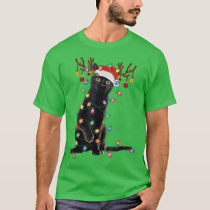 T-shirt Reindeer Chat Noir Feux de Noël Drôle Chat Amour