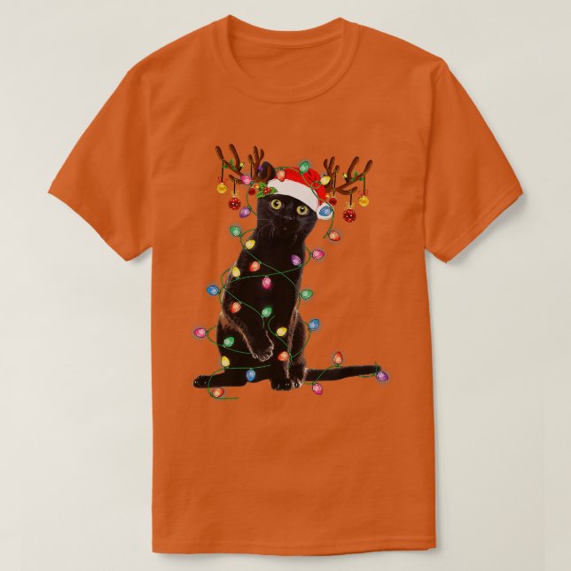 T-shirt Reindeer Chat Noir Feux de Noël Drôle Chat Amour (Design devant)