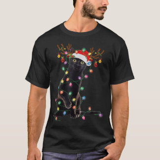 T-shirt Reindeer Chat Noir Feux de Noël Drôle Chat Amour