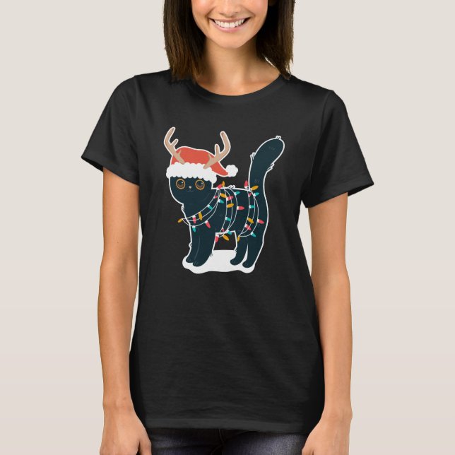 T-shirt Reindeer noir Chat lumières de Noël drôle (Devant)