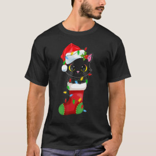 T-shirt Reindeer Santa Hat Noir Chat Lumières de Noël mign