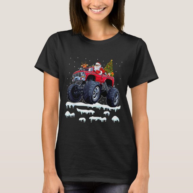T-shirt Reindeer Santa Riding Monster Truck Christmas Tree (Devant)