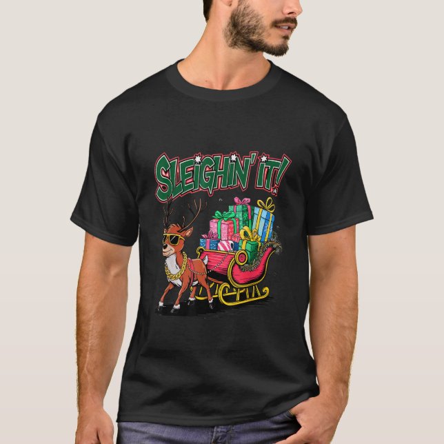 T-SHIRT REINDEER SLEIGH HOLIDAY MEME BOOTLEG CHRISTMAS  (Devant)
