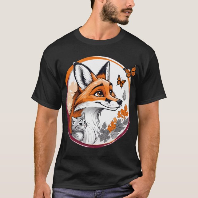 T-shirt Renard avec chaton et papillons (Devant)